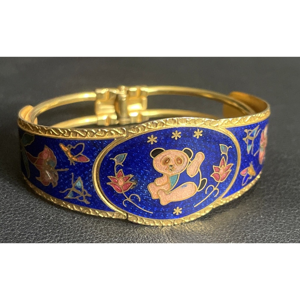Vintage Cloisonne Hinged Bracelet Bangle Panda Floral Calla Lily Gold Tone